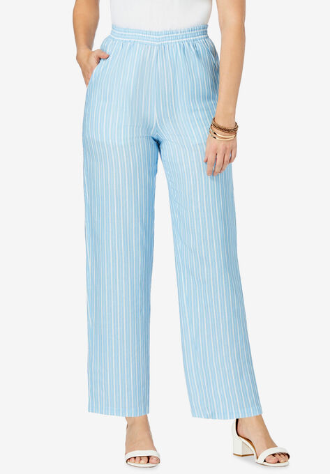 Lightweight Linen-Blend Straight-Leg Pants, MEADOW BLUE VERTICAL STRIPE, hi-res image number null