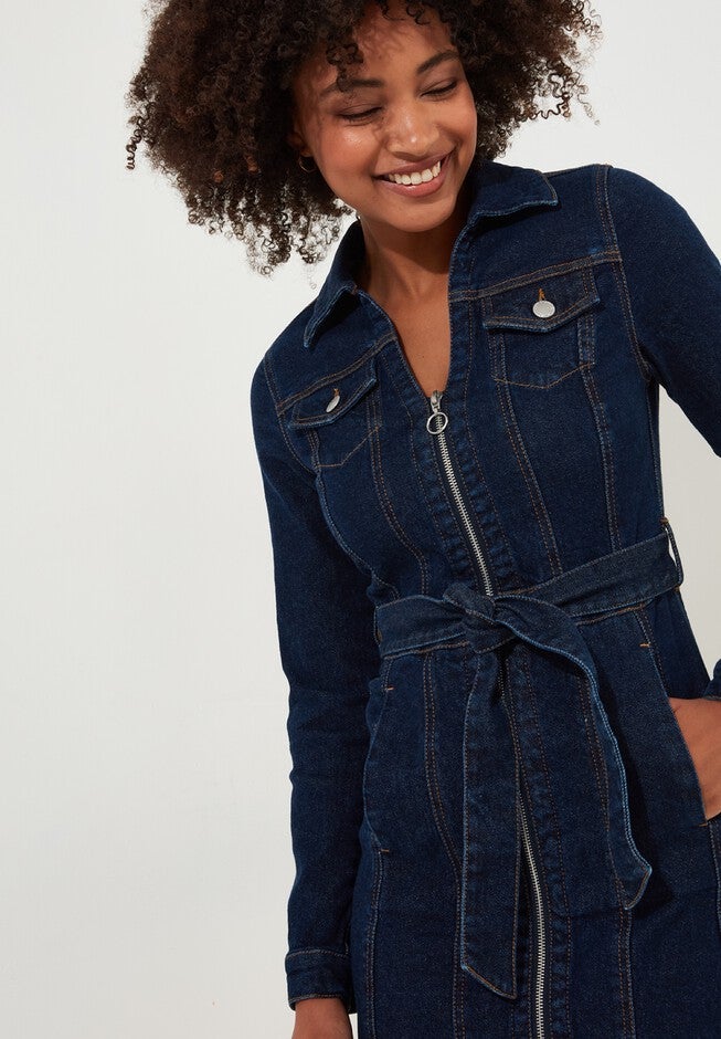 Belted Stretch Denim Dress, DARK BLUE, on-hover image number null