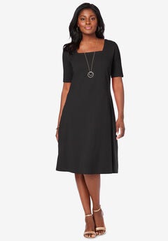 Stretch Cotton Square Neck Midi Dress