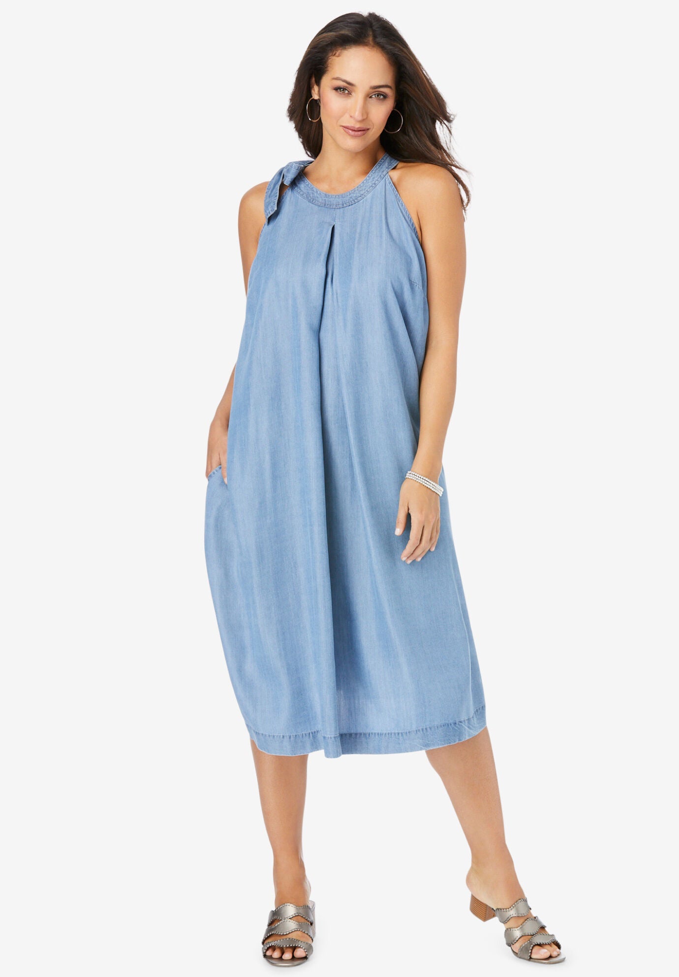 Denim&nbsp;Tie-Neck Dress, LIGHT WASH, hi-res image number 0