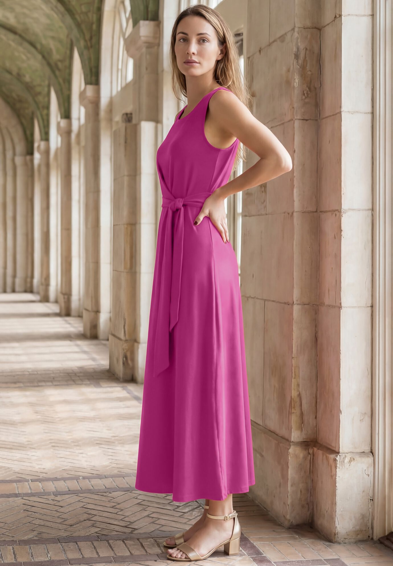 Stretch Cotton Side Tie Maxi Dress, RASPBERRY, alternate image number 2