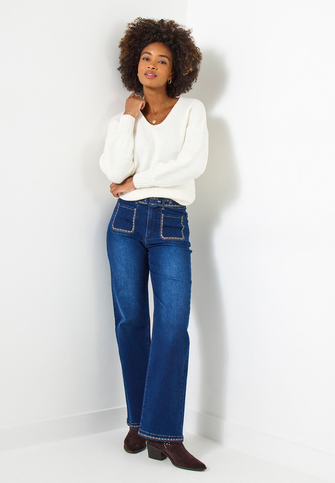 Embroidered Wide Leg Jeans, DARK BLUE EMBROIDERY, hi-res image number 0