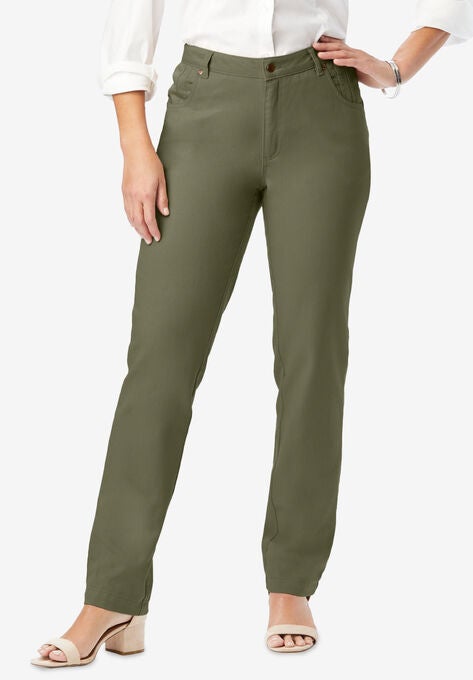 Classic Cotton Denim Straight Jeans, DARK OLIVE GREEN, hi-res image number null