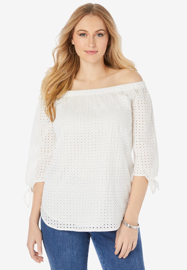 Eyelet Off-The-Shoulder Shirt, WHITE, hi-res image number 0