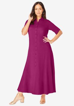 Stretch Cotton Button Front Maxi Dress