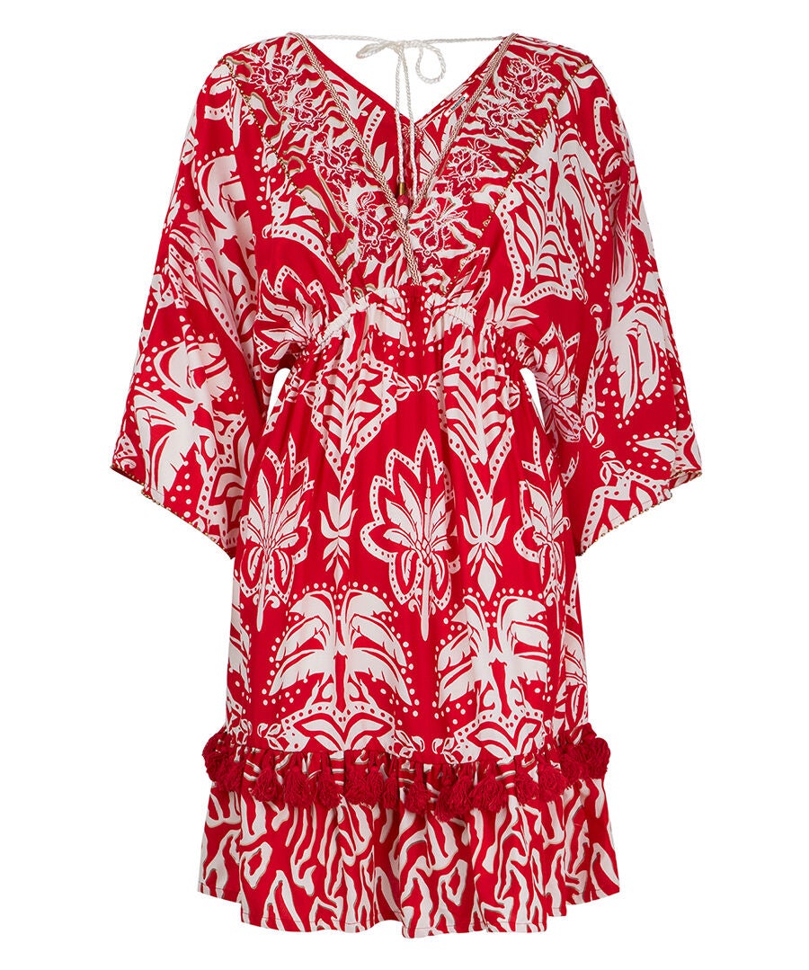 Batwing Tassel Tunic, MEGA RED PALMS, alternate image number 4