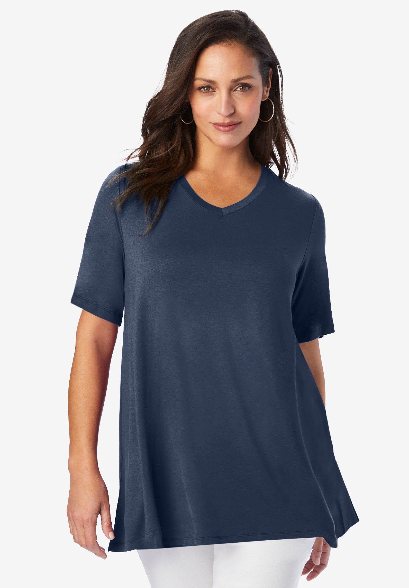 Stretch Knit V-Neck Swing Tunic, NAVY, hi-res image number 0
