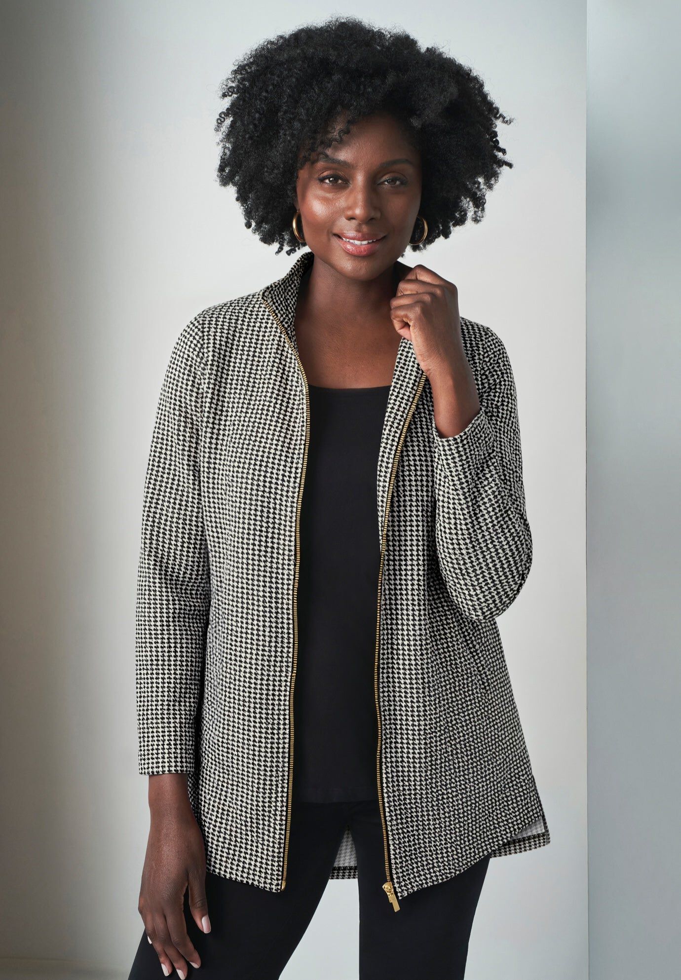 Stretch Cotton Zip Front Hi-Low Jacket