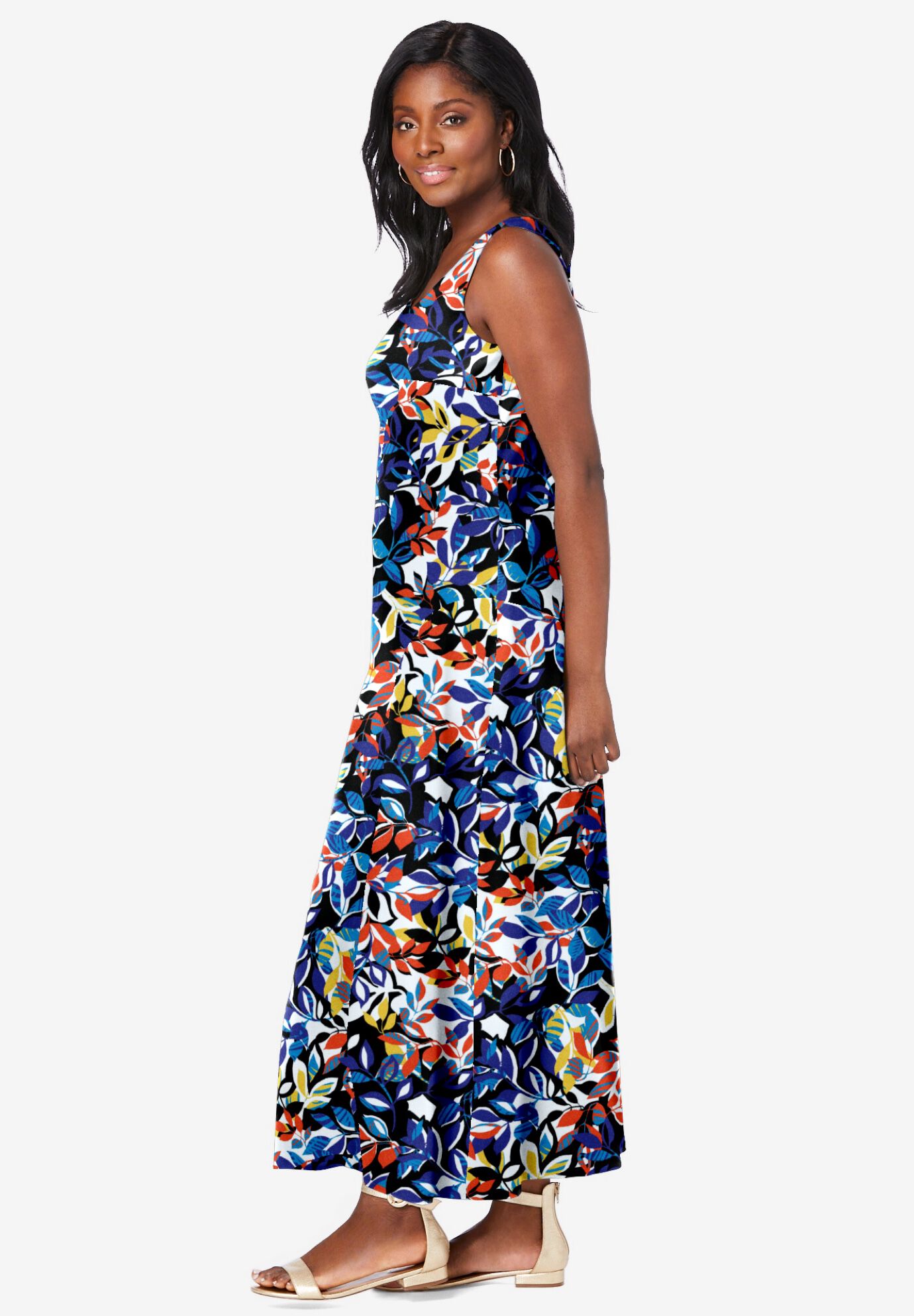 Stretch Cotton Tank Maxi Dress, MULTI GRAPHIC LEAVES, alternate image number 2