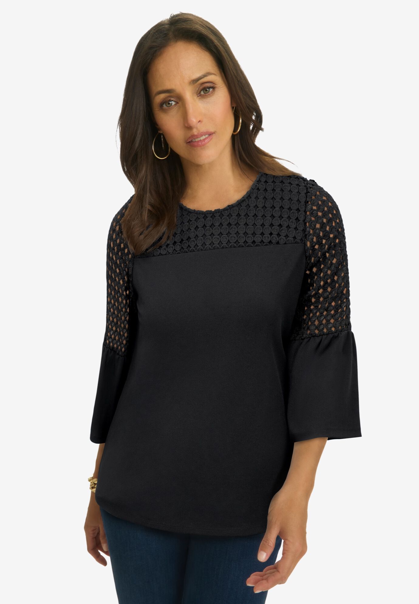 Stretch Lace Mix Top, BLACK, hi-res image number 0