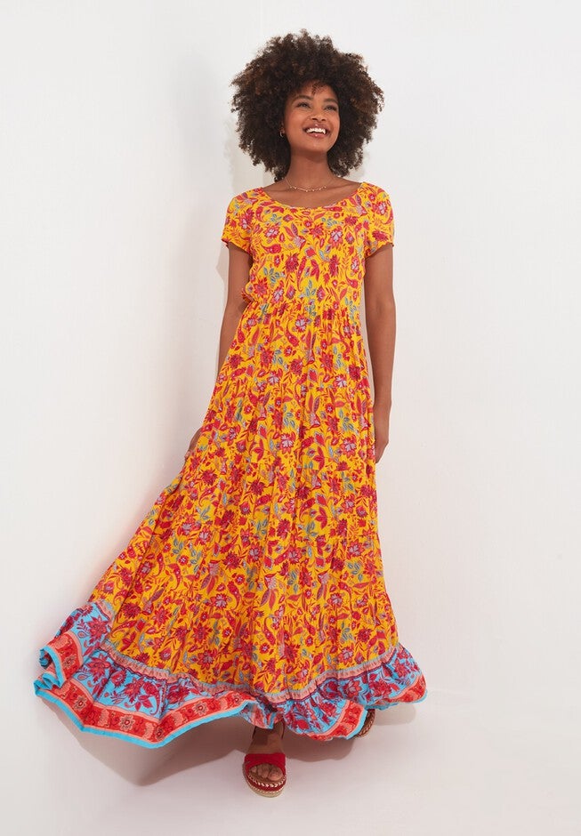 Short Sleeve Flowy Maxi Dress, GOLDEN BLOOM, hi-res image number null