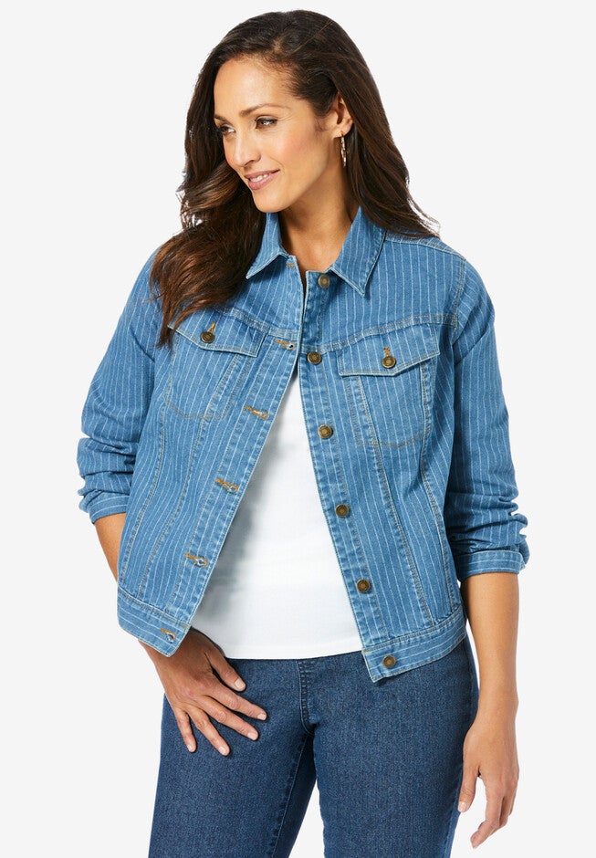 True Fit Cropped Denim Jacket, MEDIUM STONEWASH STRIPE, hi-res image number null