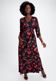Stretch Knit Faux Wrap Maxi Dress