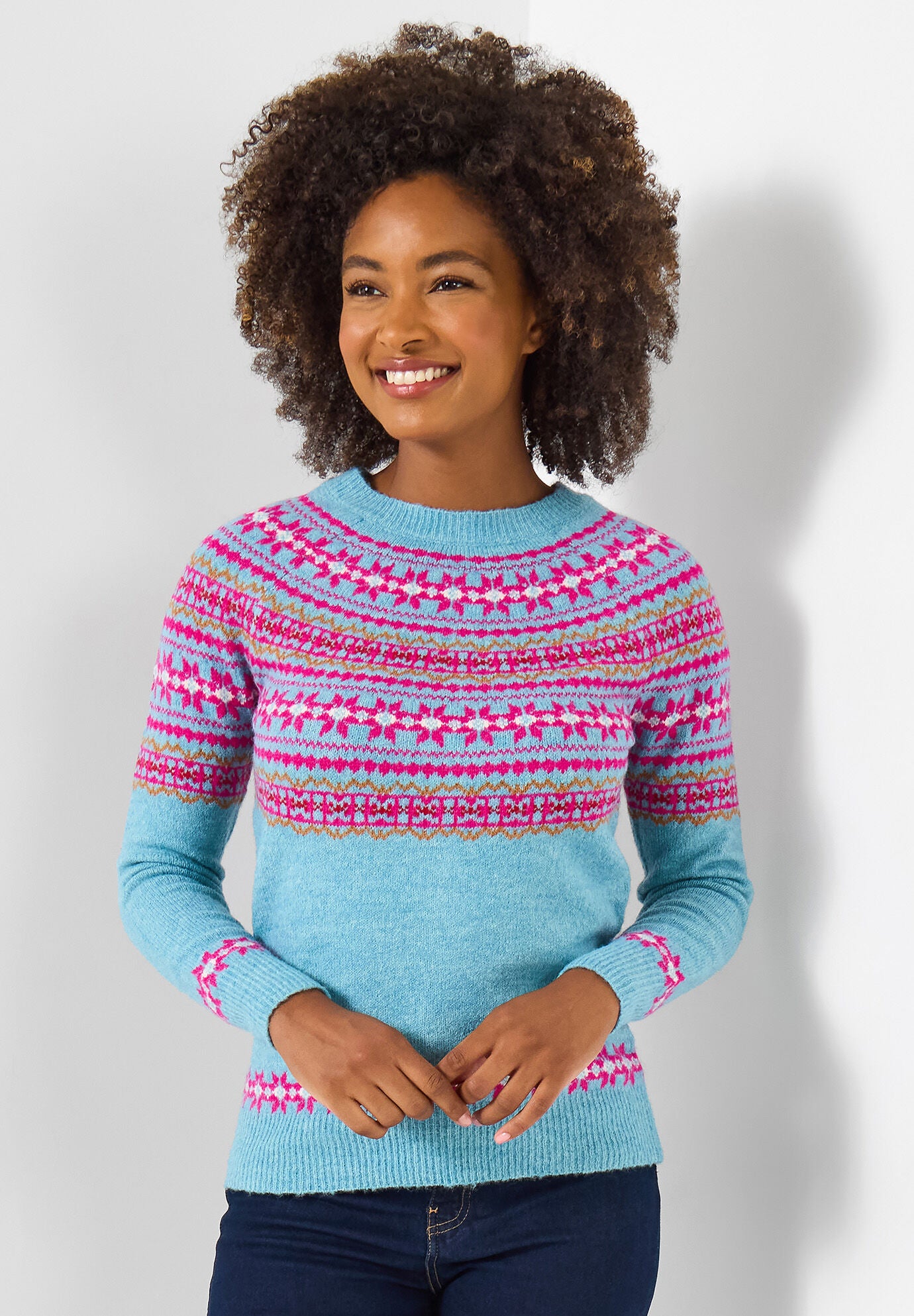 Fair Isle Rib Trim Crewneck Pullover, BLUE FAIRISLE, hi-res image number 0
