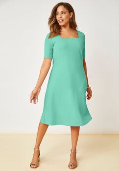 Stretch Cotton Square Neck Midi Dress