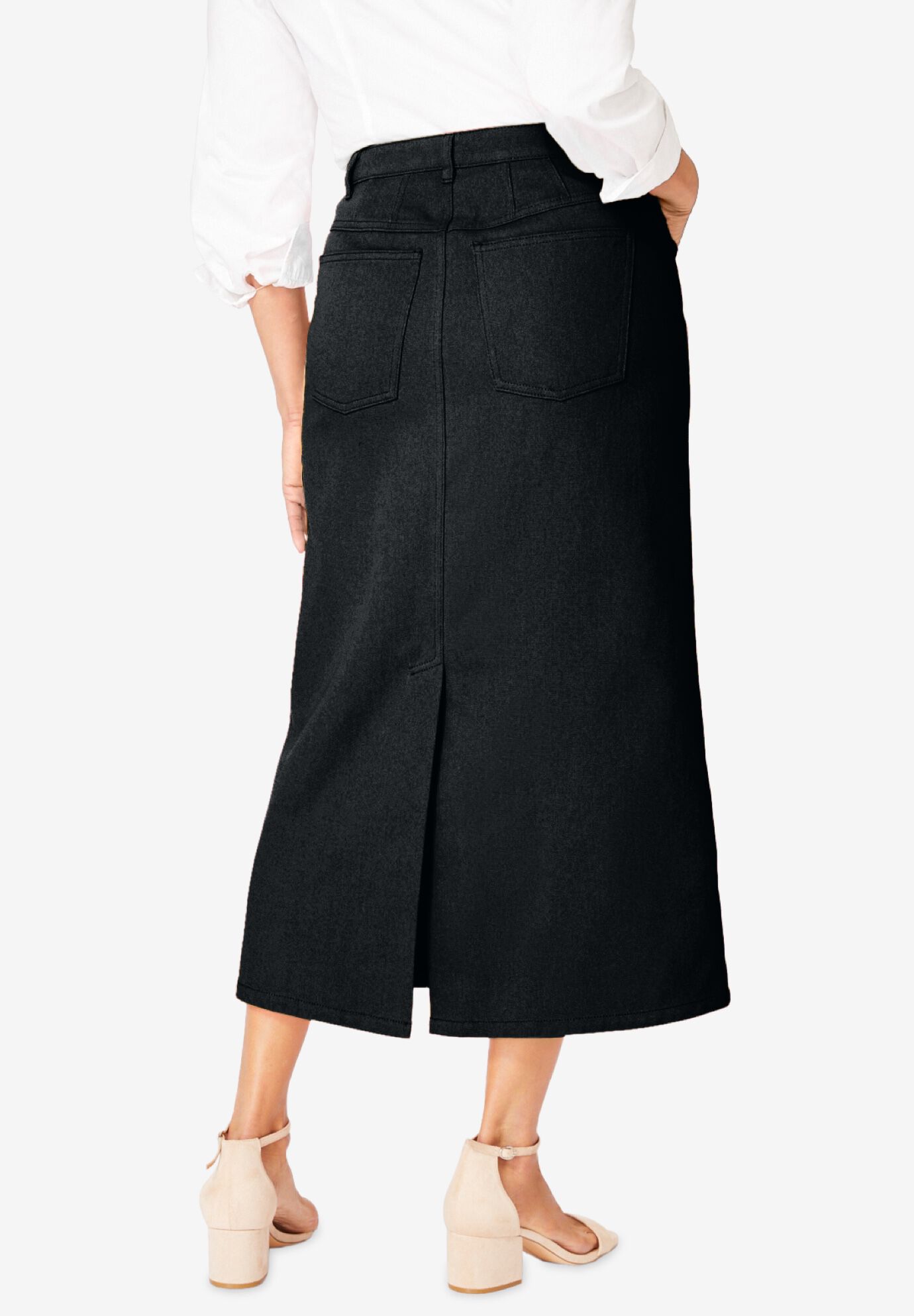 Classic Cotton Denim Midi Skirt, BLACK, on-hover image number 1