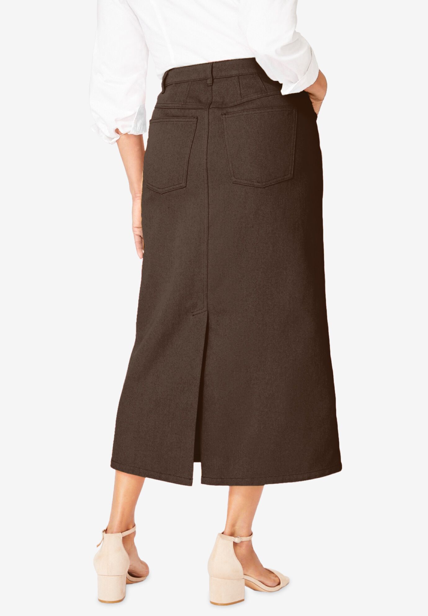 Classic Cotton Denim Midi Skirt, CHOCOLATE, on-hover image number 1