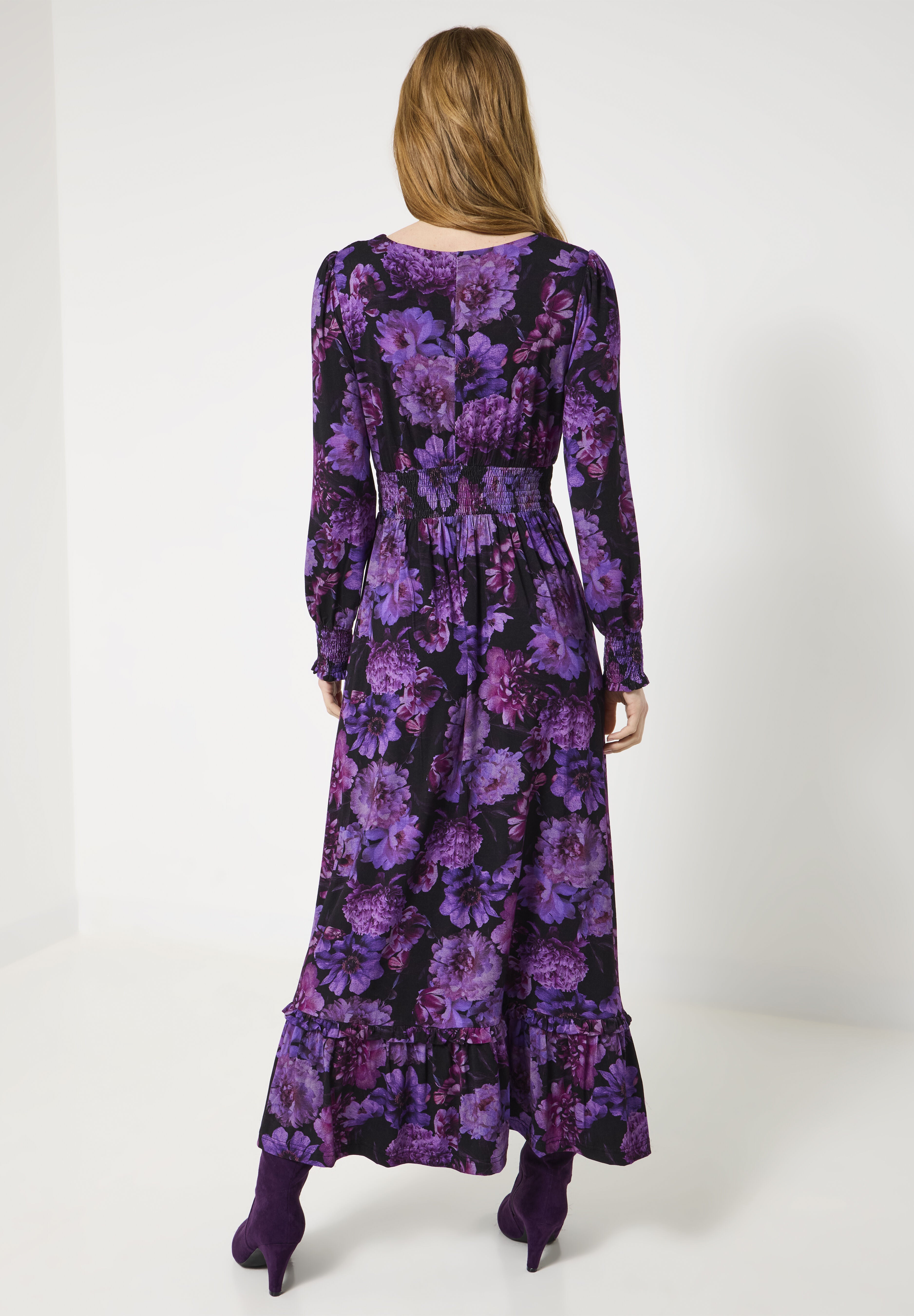 Stretch Knit Peasant Maxi Dress, PURPLE BLOSSOM, on-hover image number 1