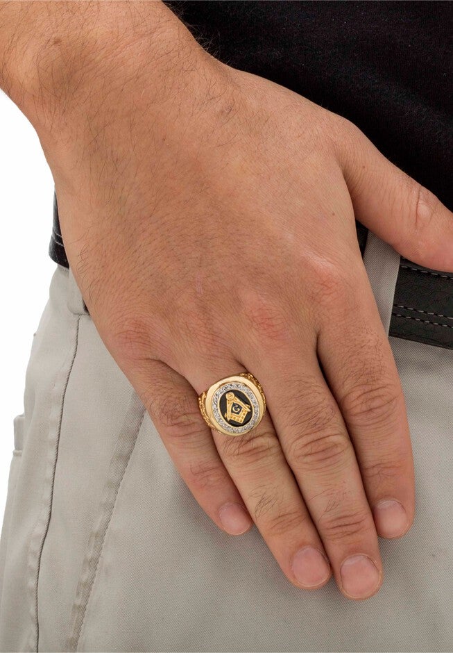 Yellow Gold Plated Cubic Zirconia Masonic Nugget Ring, , alternate image number 2