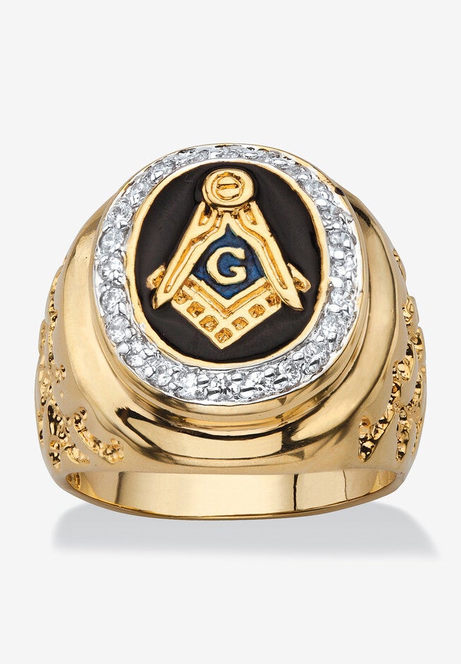 Yellow Gold Plated Cubic Zirconia Masonic Nugget Ring, GOLD, hi-res image number 0