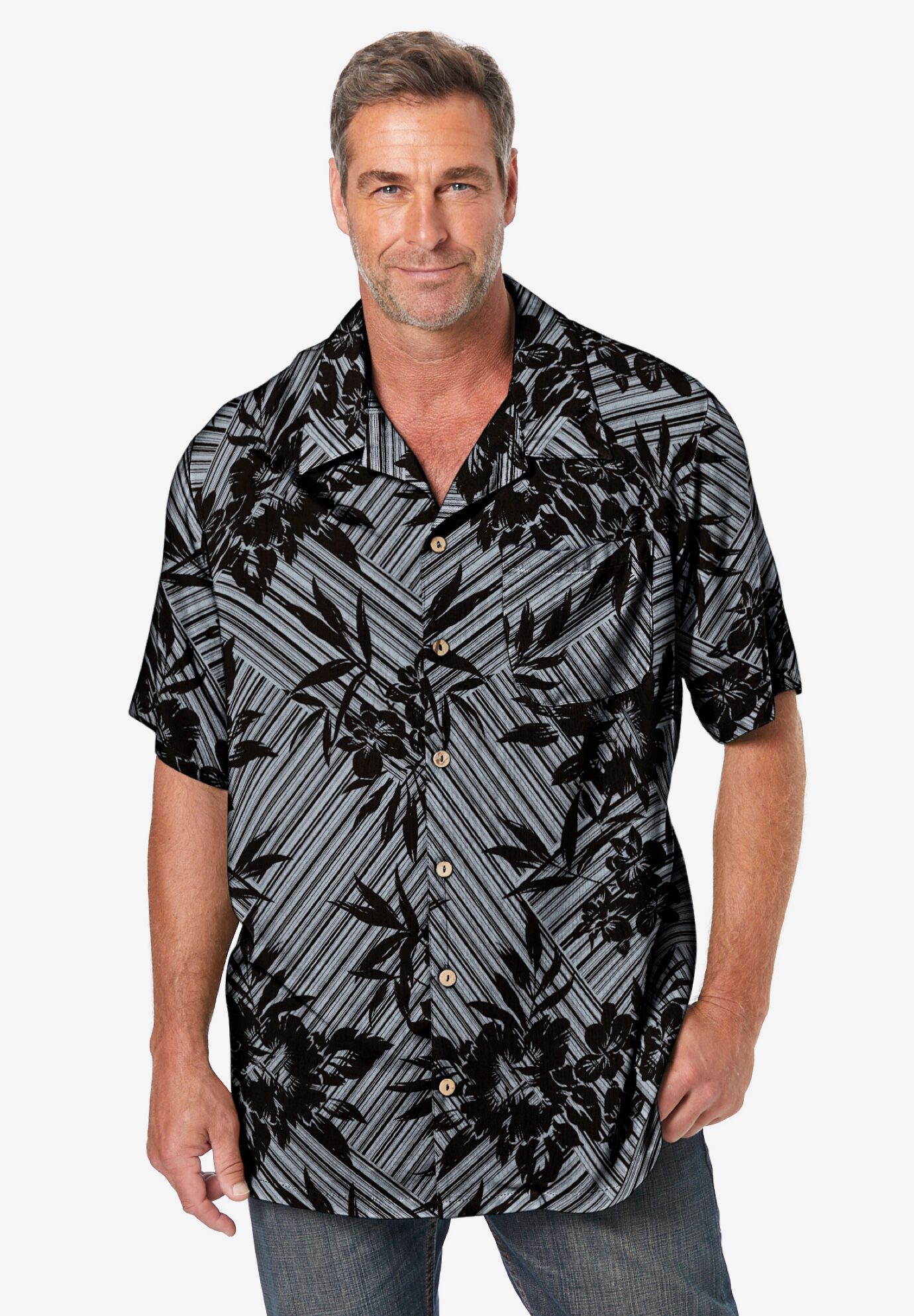 Printed Camp Shirt, BLACK STRIPE FLORAL, alternate image number 5