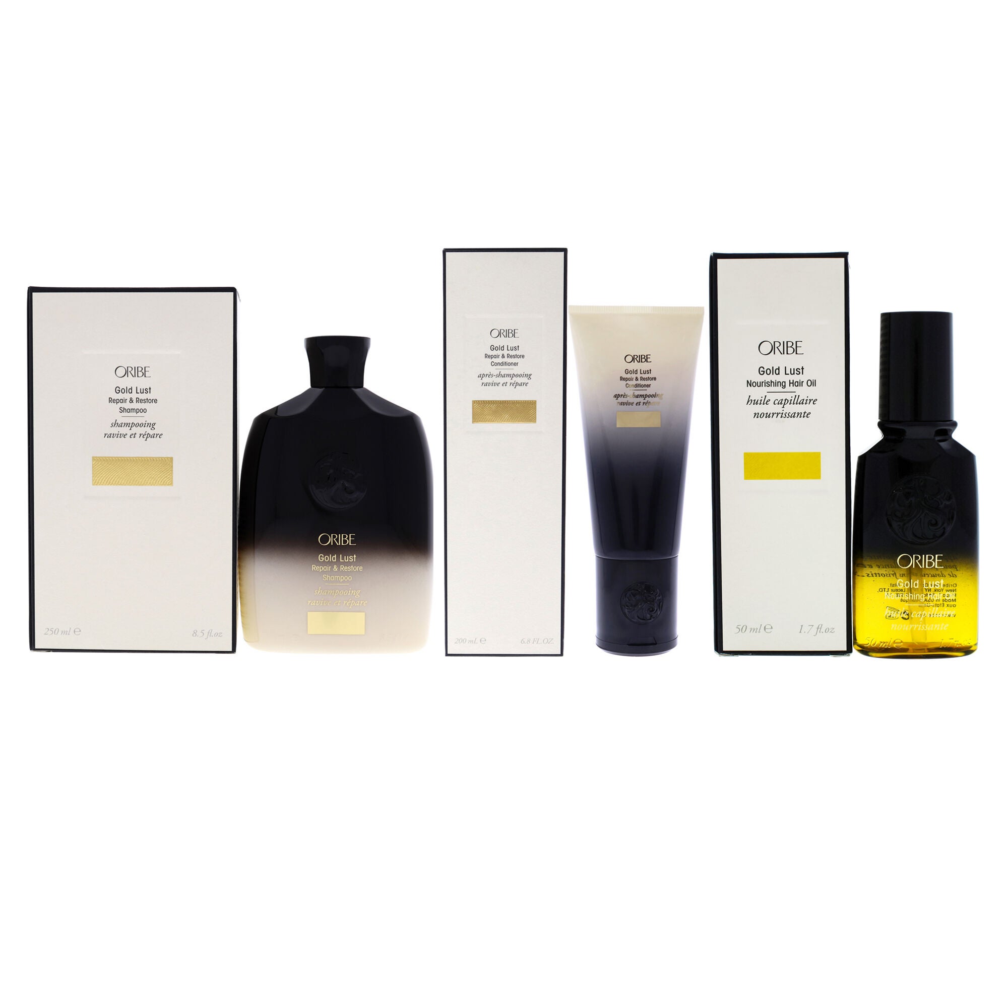 Gold Lust Kit by Oribe for Unisex - 3 Pc Kit 8.5oz Repair and Restore Shampoo, 6.8oz Repair and Restore Conditioner, 1.7oz Nourishing Hair Oil, Beige, hi-res image number 0