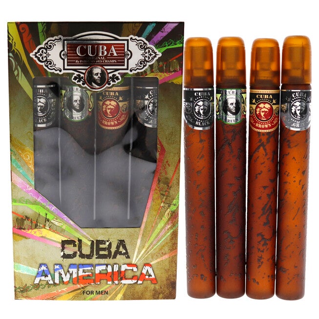 Cuba America by Cuba for Men - 4 Pc Gift Set 1.17oz EDT Spray Black, 1.17oz EDT Spray Green, 1.17oz EDT Spray Brown, 1.17oz EDT Spray Grey, , alternate image number null