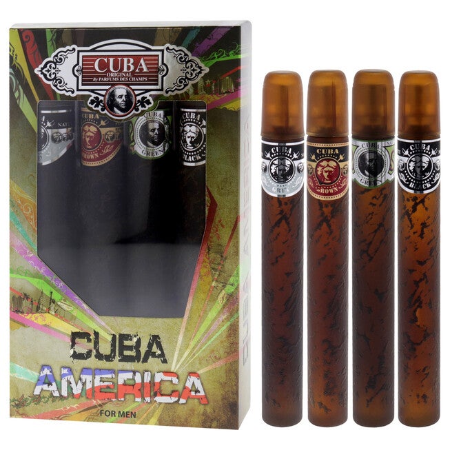 Cuba America by Cuba for Men - 4 Pc Gift Set 1.17oz EDT Spray Black, 1.17oz EDT Spray Green, 1.17oz EDT Spray Brown, 1.17oz EDT Spray Grey, NA, alternate image number null