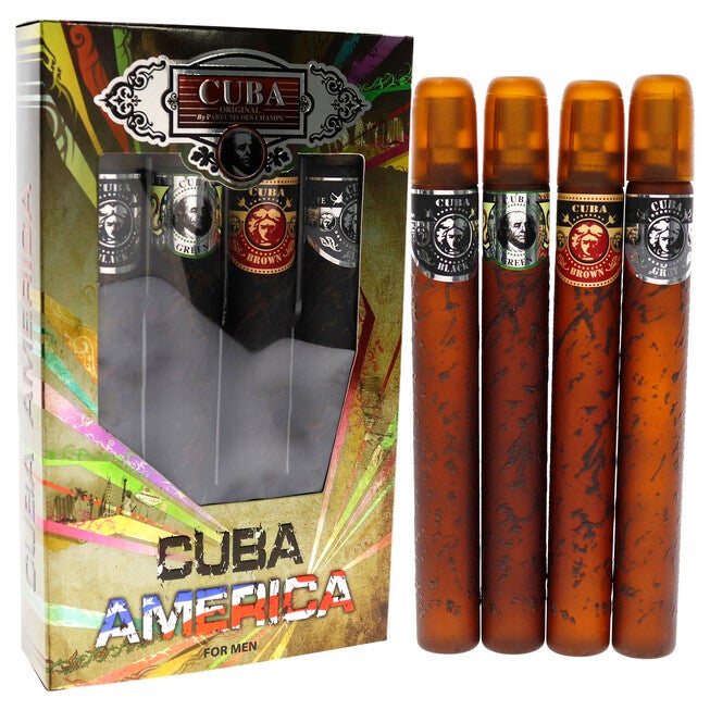 Cuba America by Cuba for Men - 4 Pc Gift Set 1.17oz EDT Spray Black, 1.17oz EDT Spray Green, 1.17oz EDT Spray Brown, 1.17oz EDT Spray Grey, , alternate image number null
