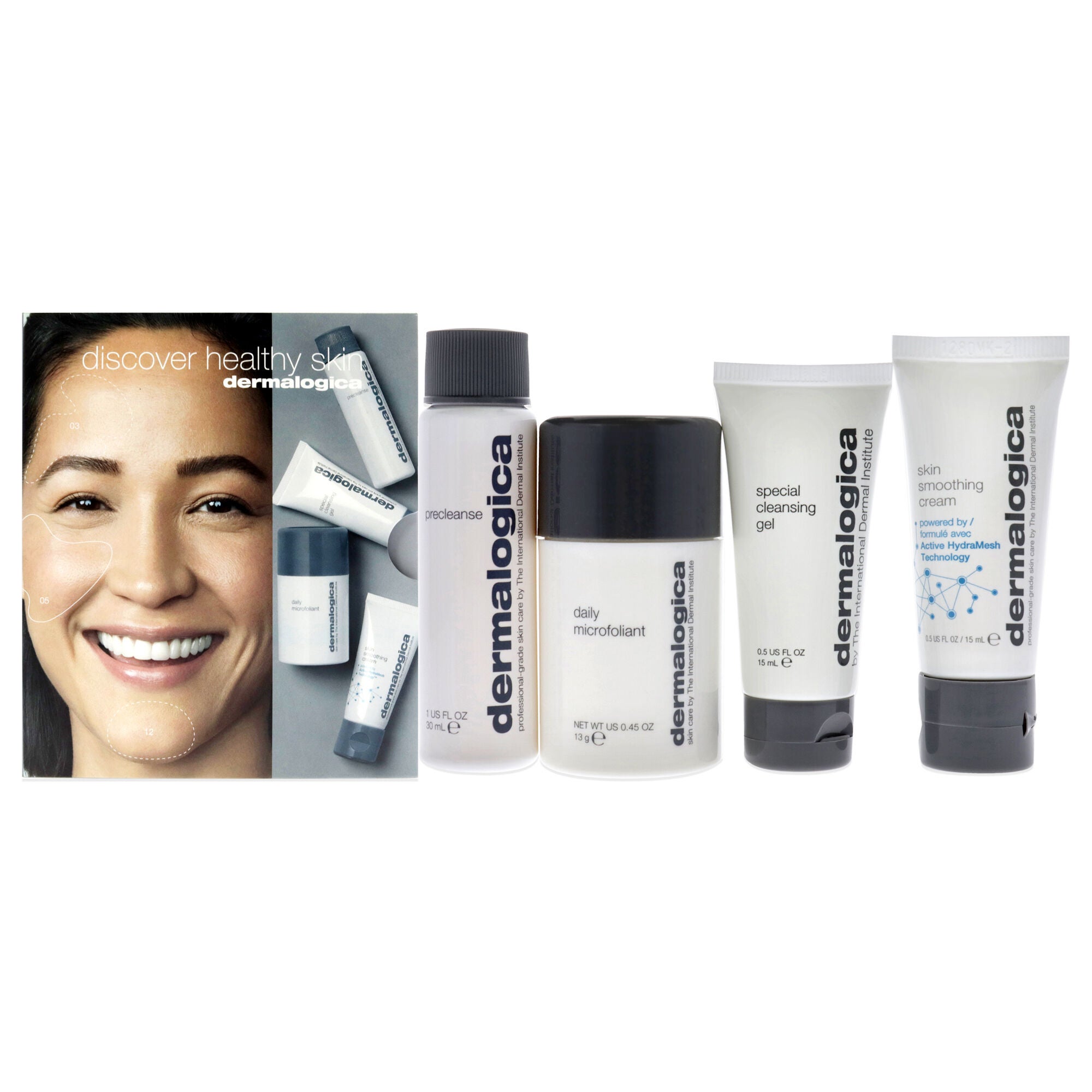 Discover Healthy Skin Kit by Dermalogica - 4 Pc 1oz Precleanse, 0.5oz Special Cleansing Gel, 0.45oz Daily Microfoliant, 0.5oz Skin Smoothing Cream, See Description, hi-res image number 0