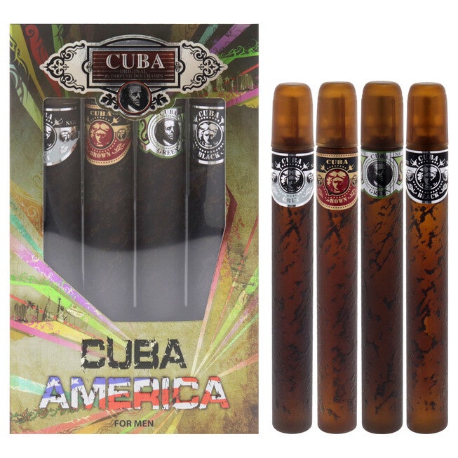 Cuba America by Cuba for Men - 4 Pc Gift Set 1.17oz EDT Spray Black, 1.17oz EDT Spray Green, 1.17oz EDT Spray Brown, 1.17oz EDT Spray Grey, NA, hi-res image number null