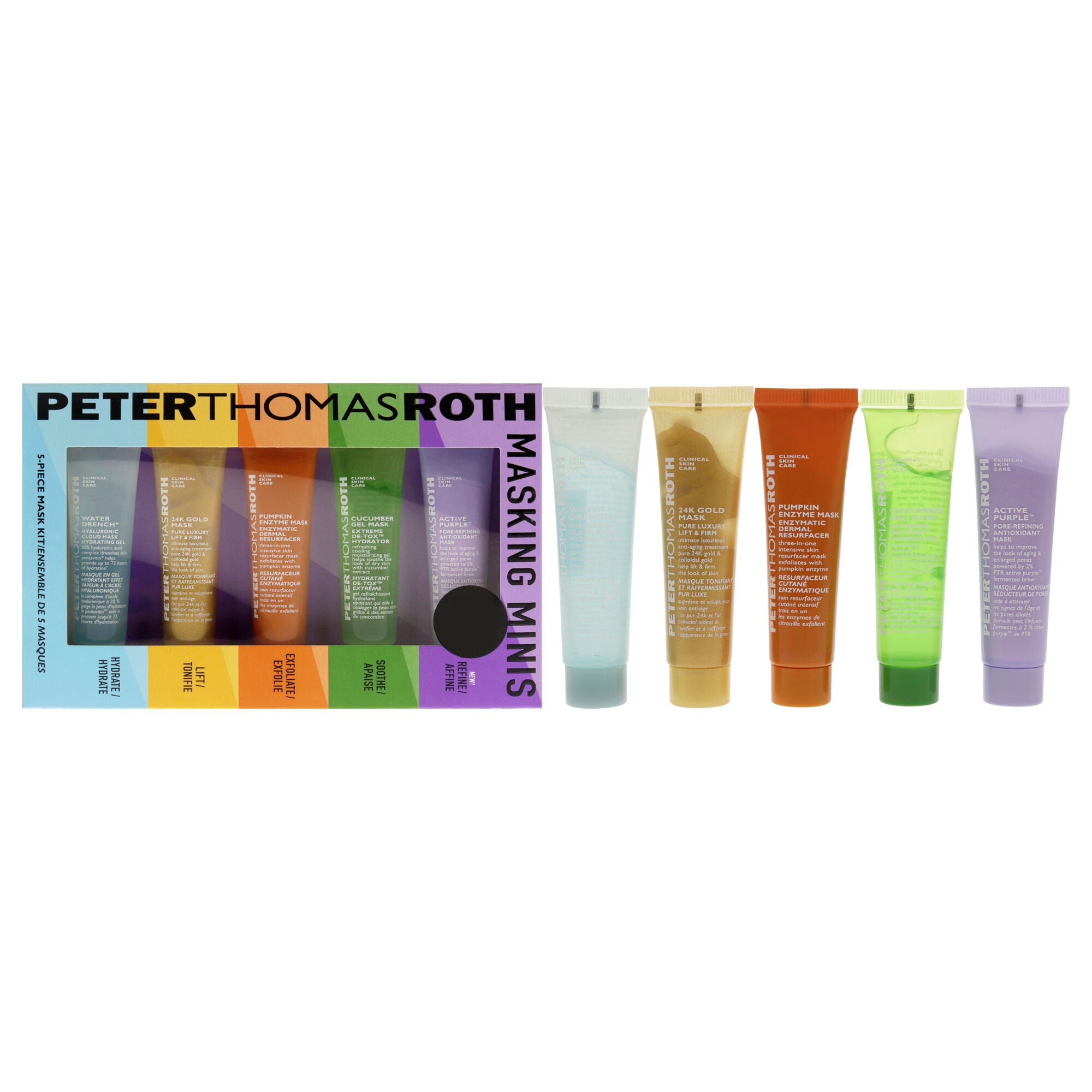 Masking Minis Kit by Peter Thomas Roth for Unisex - 5 Pc 0.47oz Active Purple Mask, 0.47oz Cucumber Gel Mask, 0.47oz Pumpkin Enzyme Mask, 0.47oz 24K Gold Mak, 0.47oz Water Drench Hydrating Gel, Multicolor, hi-res image number 0
