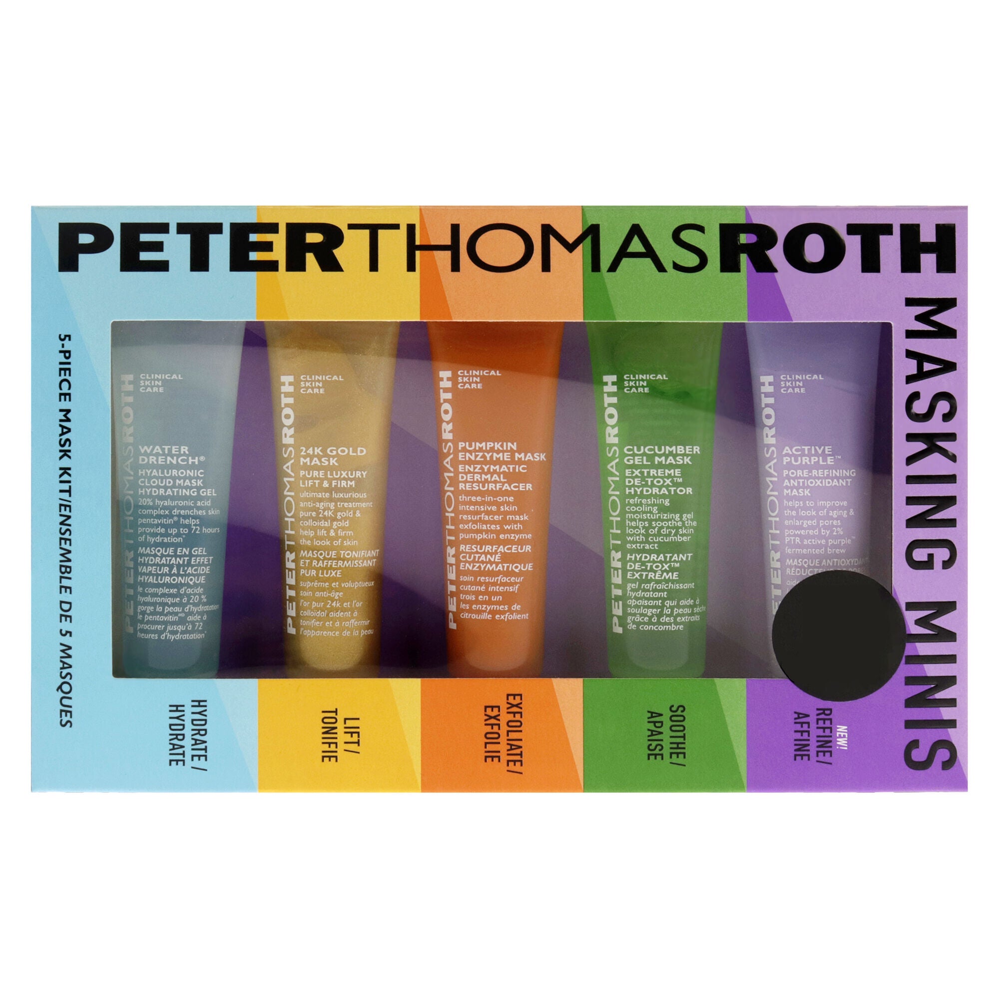 Masking Minis Kit by Peter Thomas Roth for Unisex - 5 Pc 0.47oz Active Purple Mask, 0.47oz Cucumber Gel Mask, 0.47oz Pumpkin Enzyme Mask, 0.47oz 24K Gold Mak, 0.47oz Water Drench Hydrating Gel, Multicolor, alternate image number 2