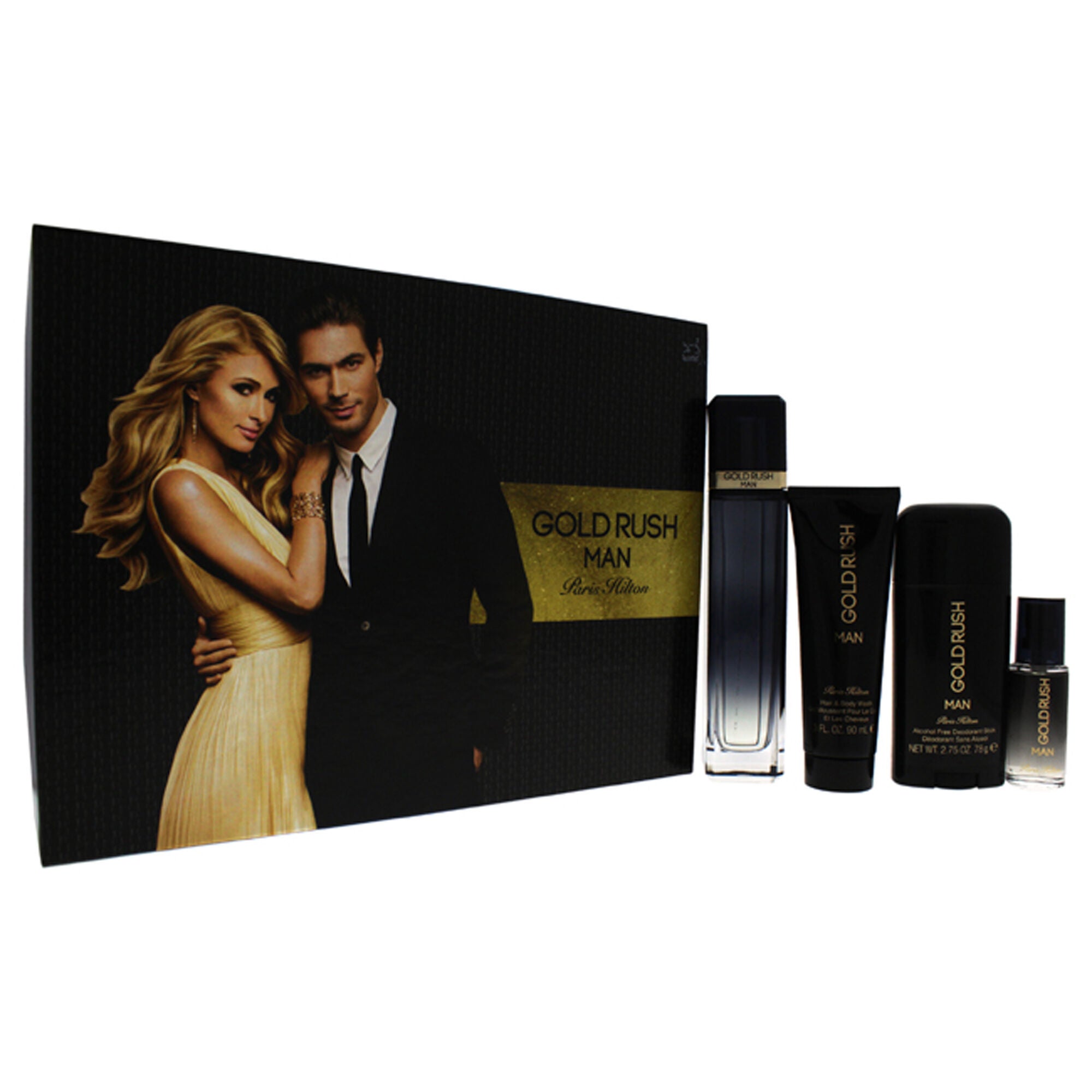 Gold Rush Man by Paris Hilton for Men - 4 Pc Gift Set 3.4oz EDT Spray, 0.5oz EDT Spray, 3.0oz Hair Body Wash, 2.75oz Alcohol Free Deodorant Stick, , alternate image number 1