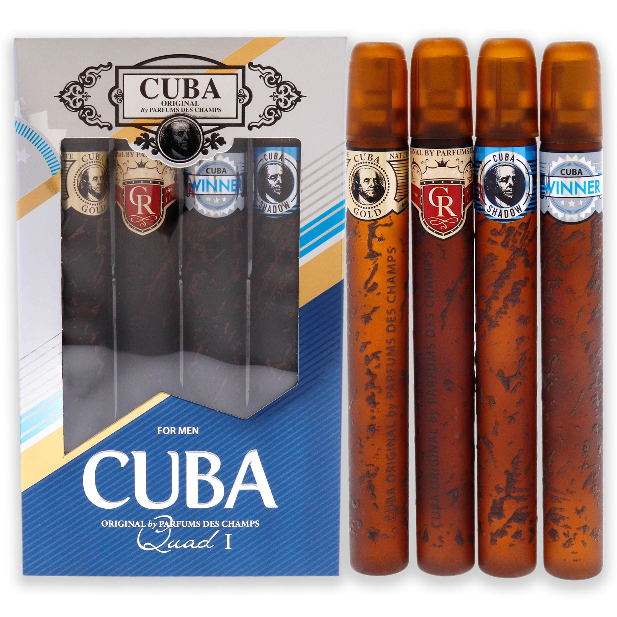 Cuba Quad I by Cuba- 4 Pc Gift Set 1.17oz Cuba Gold EDT Spray, 1.17oz Cuba Royal EDT Spray, 1.17oz Cuba Winner EDT Spray, 1.17oz Cuba Shadow EDT Spray, See Description, hi-res image number 0
