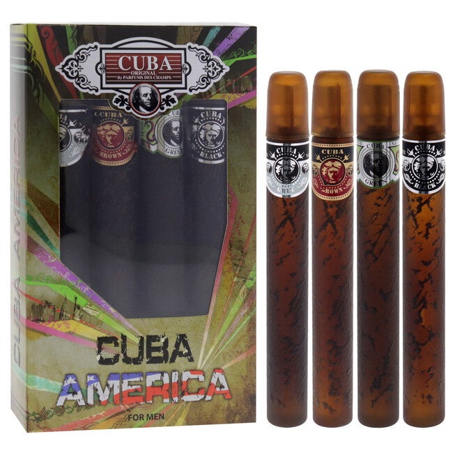 Cuba America by Cuba for Men - 4 Pc Gift Set 1.17oz EDT Spray Black, 1.17oz EDT Spray Green, 1.17oz EDT Spray Brown, 1.17oz EDT Spray Grey, NA, alternate image number null
