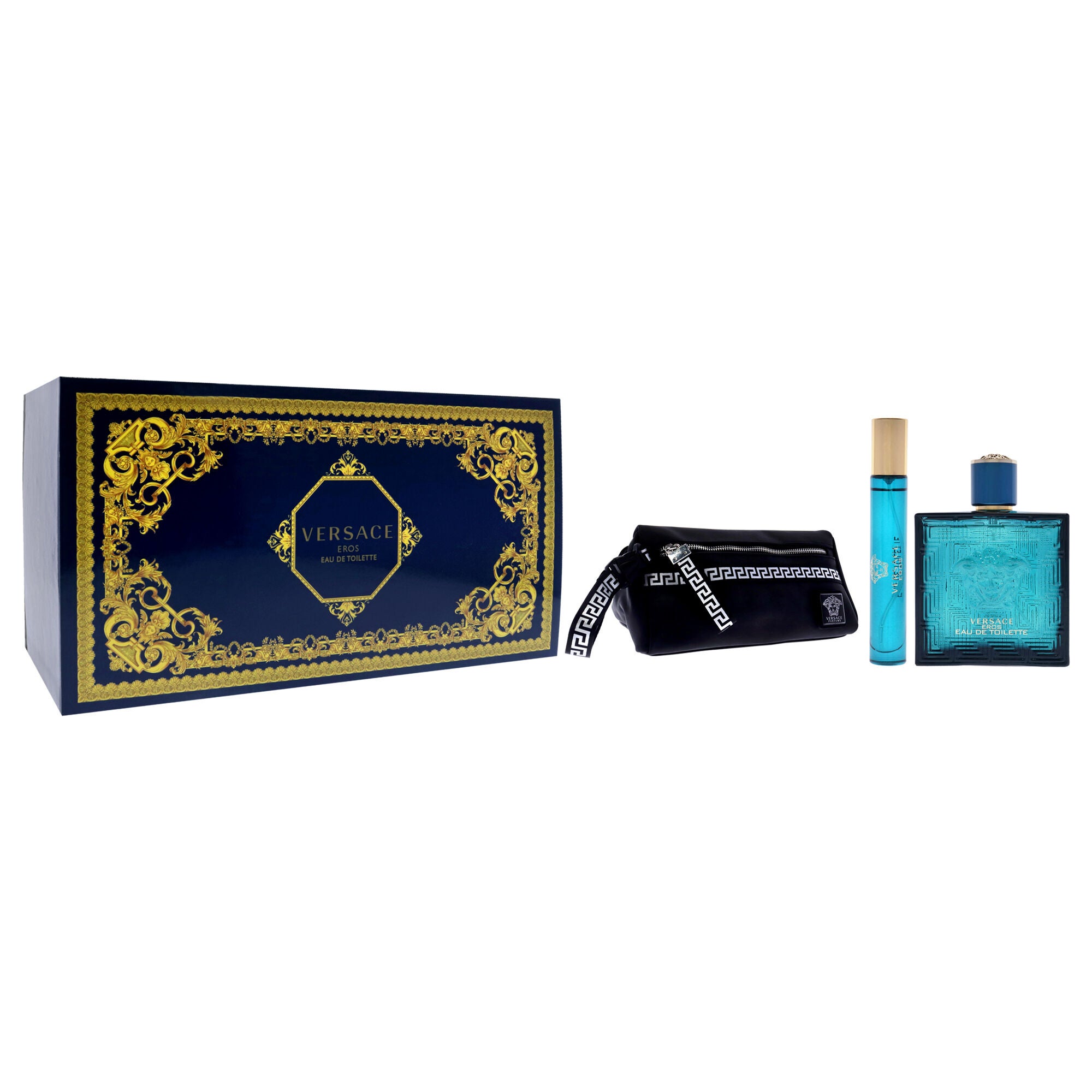 Versace Eros by Versace for Men - 3 Pc Gift Set 3.4oz EDT Spray, 10ml EDT Spray, Blue Trousse, See Description, alternate image number 1