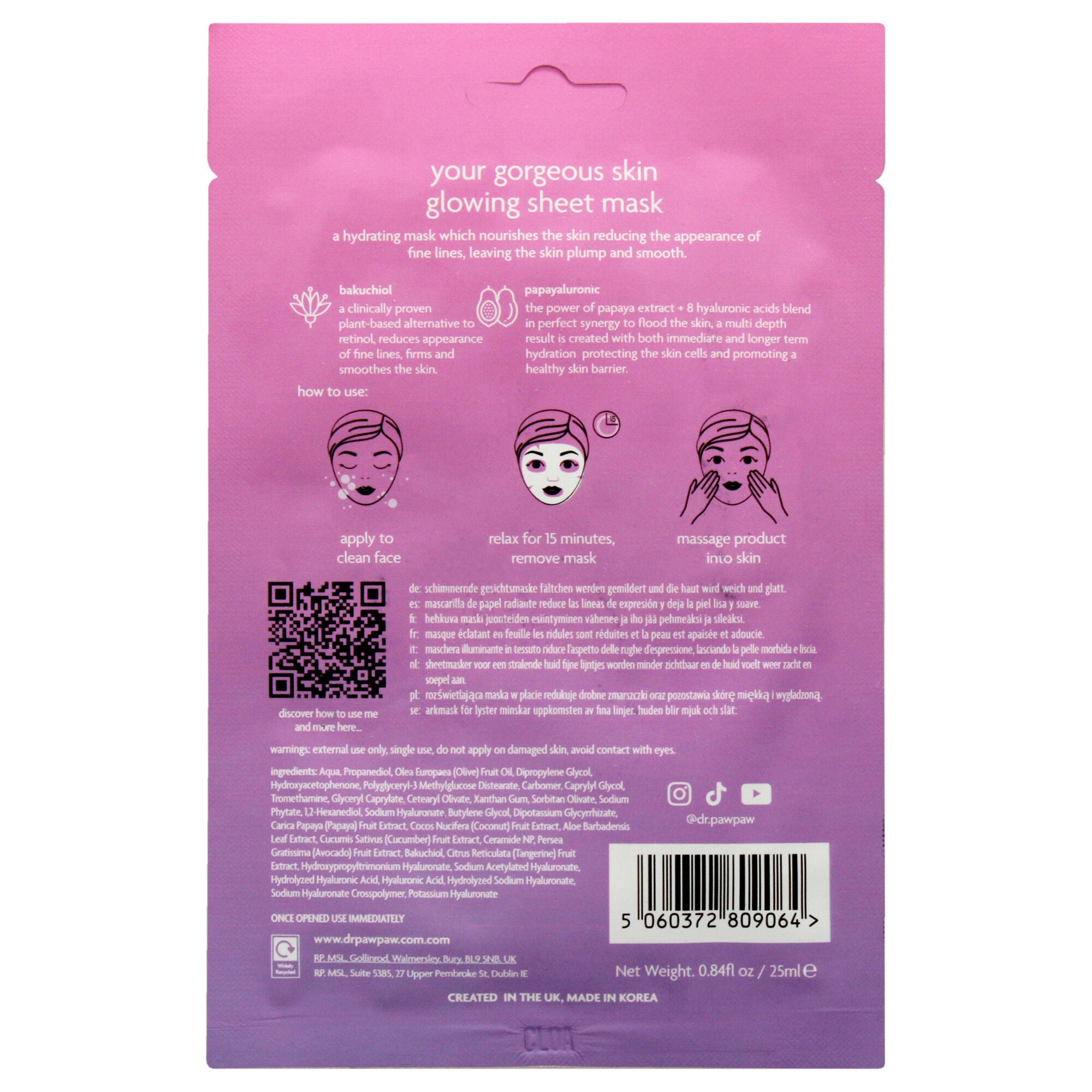Your Gorgeous Skin Glowing Sheet Mask by Dr. PawPaw for Unisex - 0.84 oz Mask, See Description, alternate image number 1