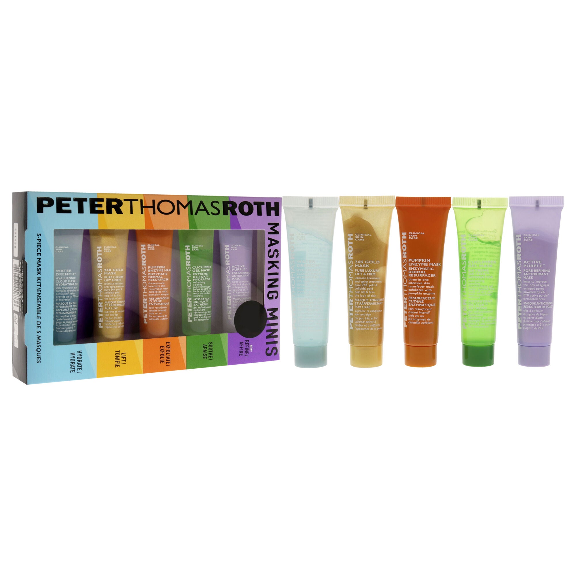 Masking Minis Kit by Peter Thomas Roth for Unisex - 5 Pc 0.47oz Active Purple Mask, 0.47oz Cucumber Gel Mask, 0.47oz Pumpkin Enzyme Mask, 0.47oz 24K Gold Mak, 0.47oz Water Drench Hydrating Gel, Multicolor, alternate image number 1