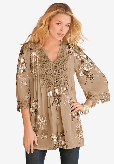 Juliet Lace Big Shirt, NEW KHAKI WATERCOLOR BOUQUET, hi-res image number null