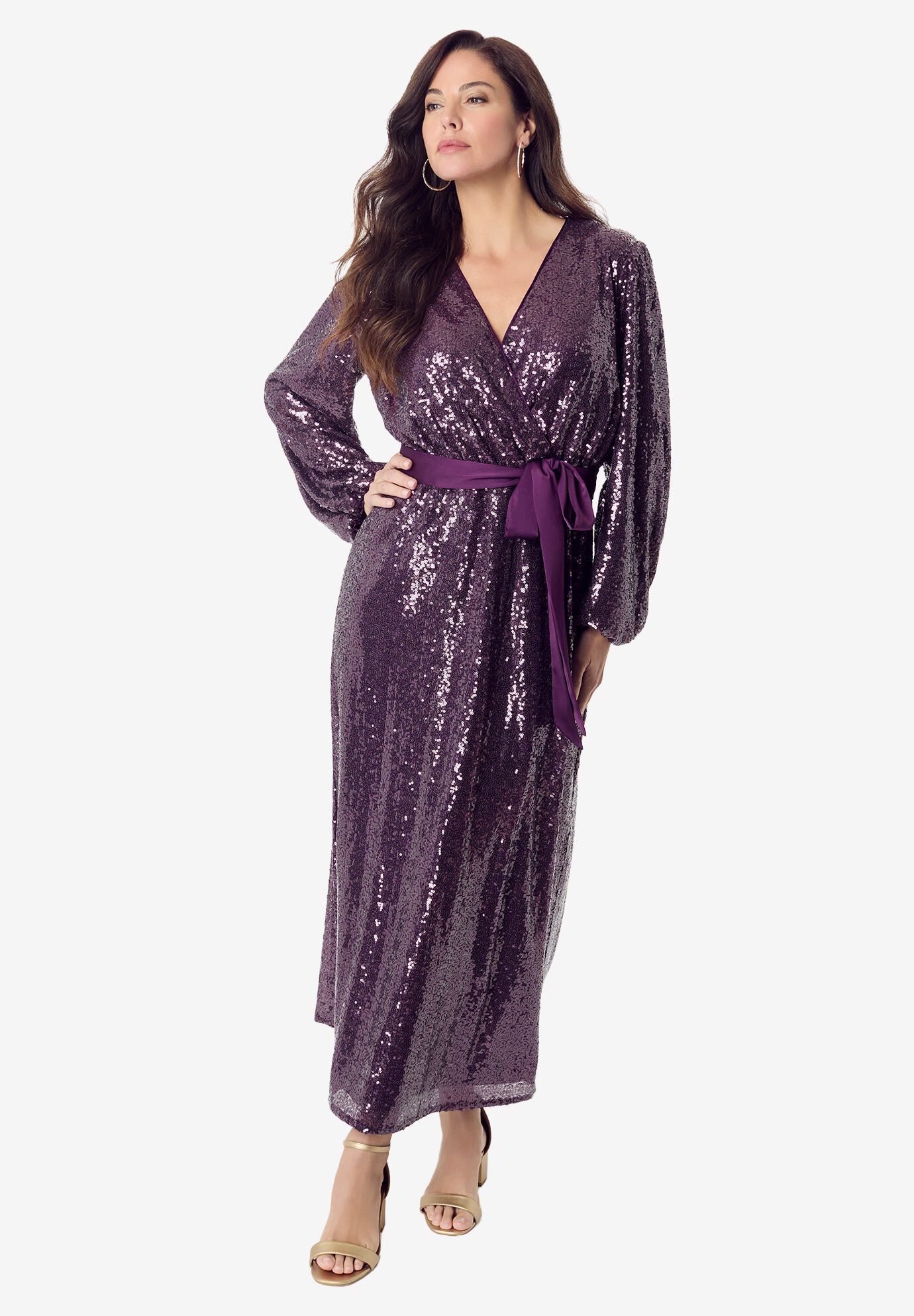 Plus Size Allover Sequin Wrap Maxi Dress, PLUM, hi-res image number 0