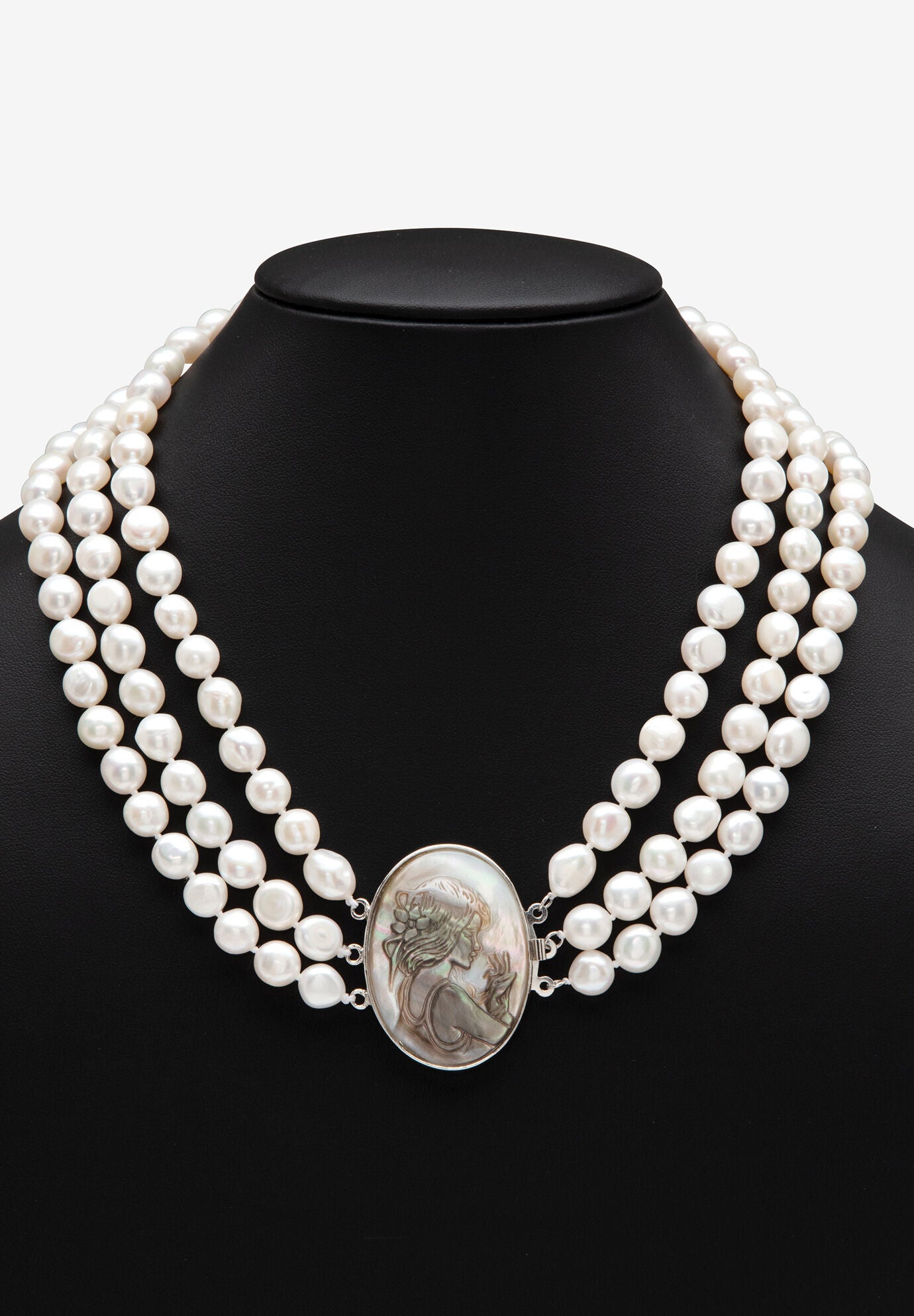Genuine Freshwater Pearl Black Mother-Of-Pearl Cameo Necklace Silvertone 18 inches, , alternate image number 3