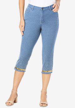Sequin Trim Straight Leg Capri Jean