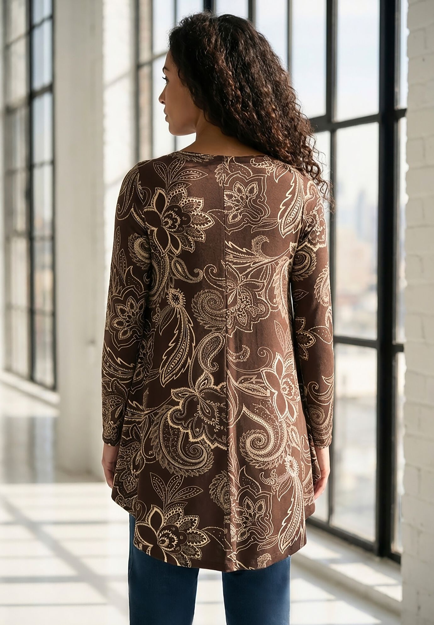 Plus Size Boatneck Swing Ultra Drape Tunic Top, CHOCOLATE PAISLEY STENCIL, on-hover image number 1