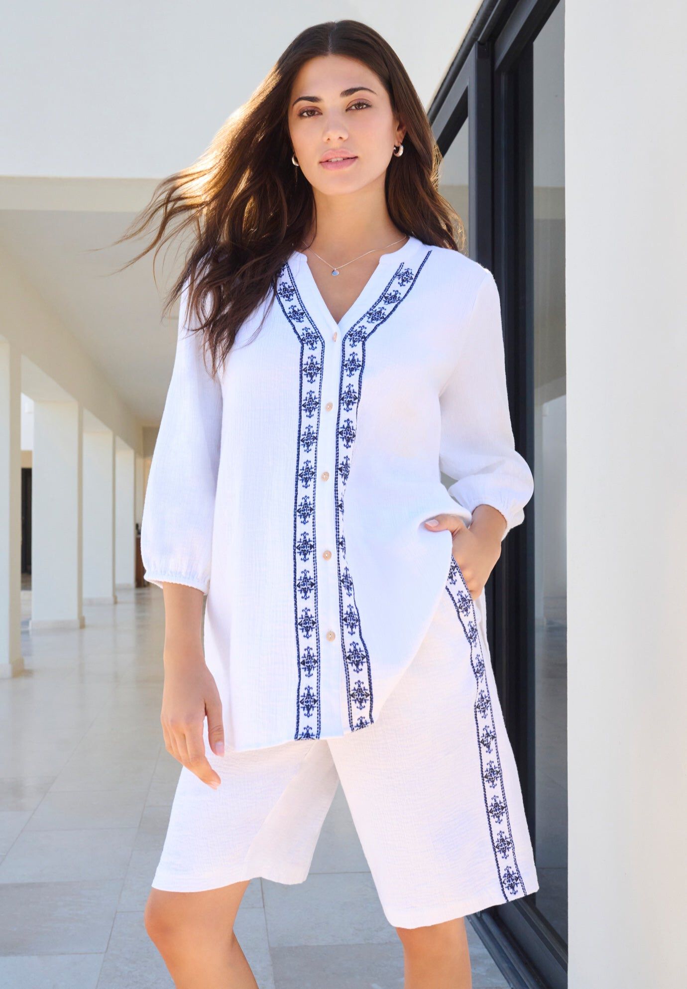 Embroidered Button-Down Shirt, WHITE GEO EMBROIDERY, hi-res image number 0