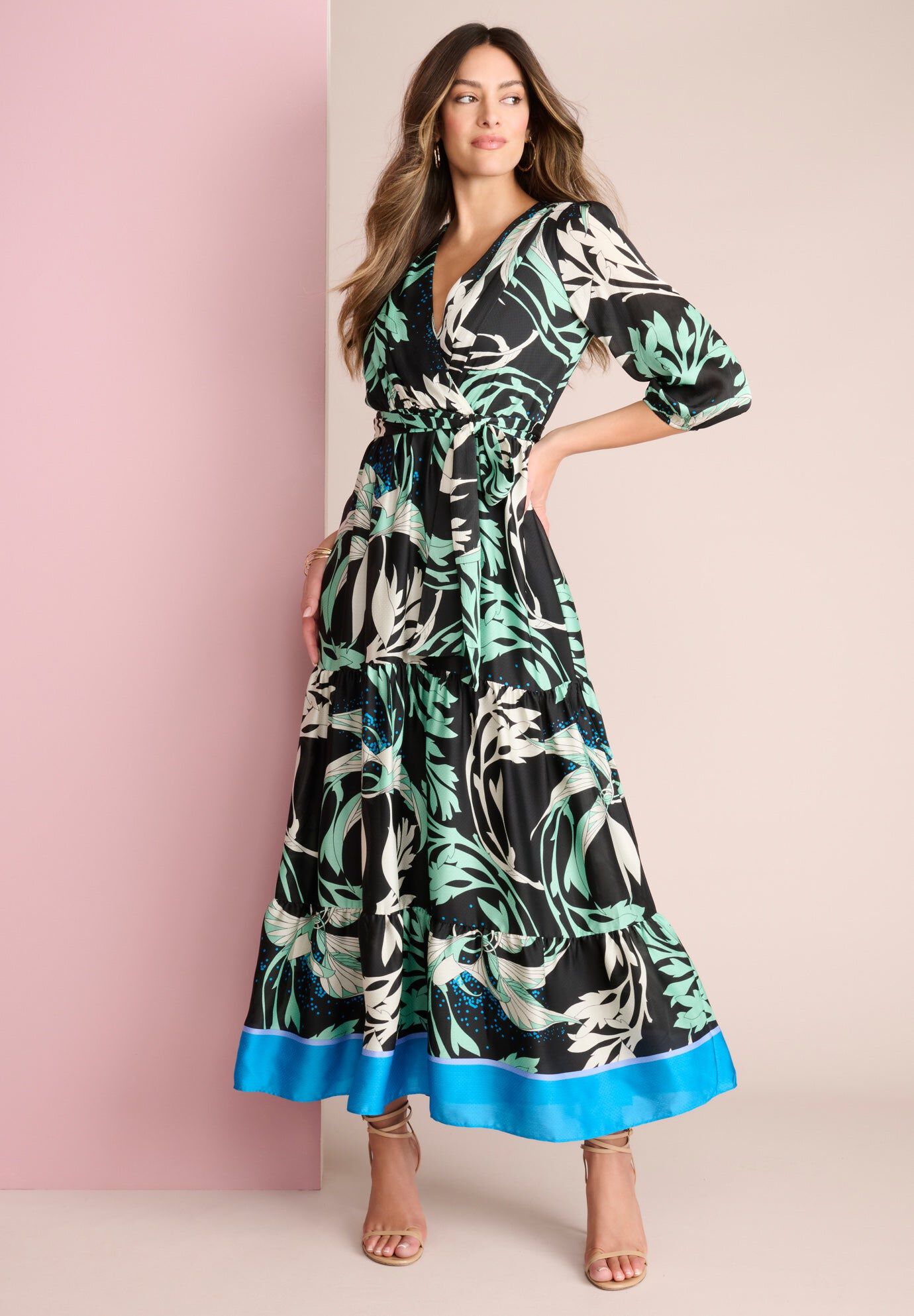 Blouson Sleeve Faux Wrap Maxi Dress, FERN MULTI, hi-res image number 0