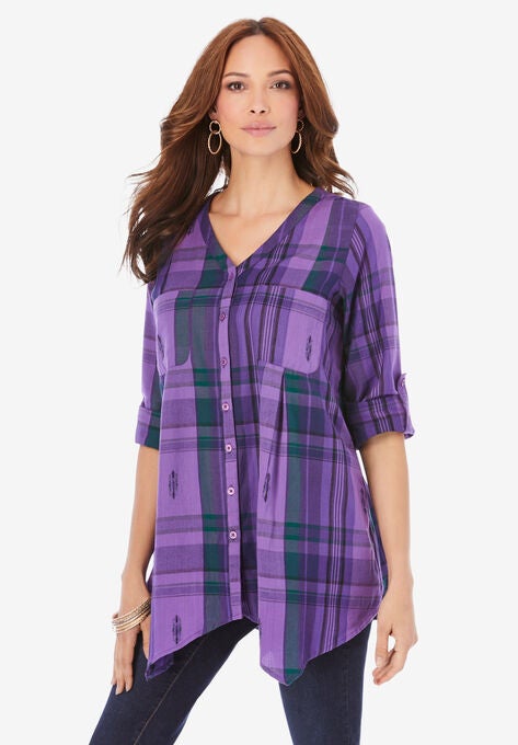 Soft Plaid Button-Up Big Shirt, PURPLE MEDALLION PLAID, hi-res image number null