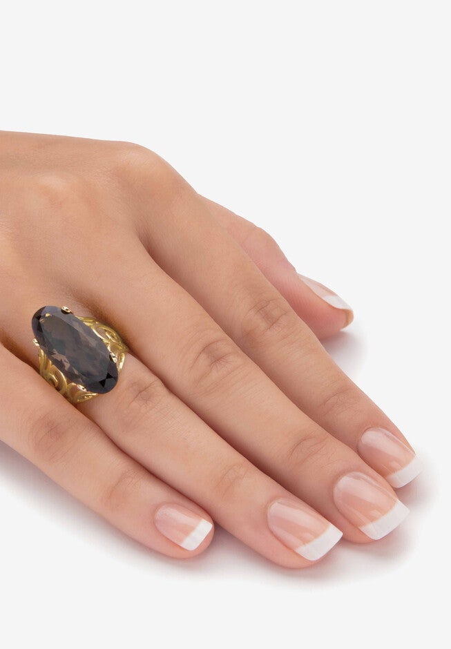 4 Cttw. Oval-Cut Genuine Smoky Topaz Gold-Plated Silver Scrolled Faceted Ring, , alternate image number null