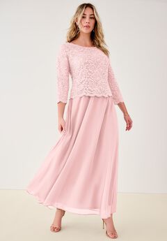 Plus Size Sparkle Lace Popover A-Line Gown with 3/4 Sleeves