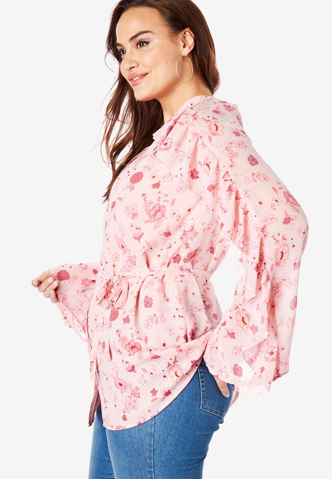 Ruffle-Sleeve Tunic with Tie Waist, , alternate image number null